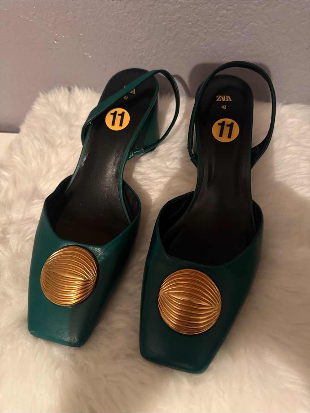 Zara Teal Green Slingback Flats with Gold Medallion
